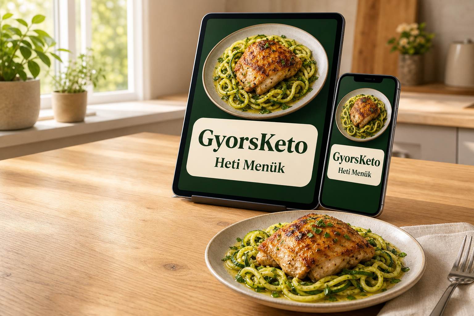 A GyorsKeto Heti Menük PDF tableten és telefonon, mellette egy kész keto vacsora